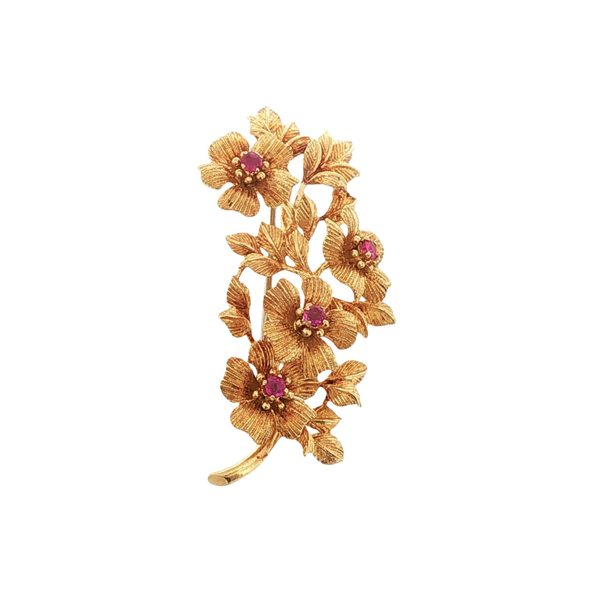 Tiffany & Company Ruby 18 Karat Yellow Gold Vintage Flower Brooch Circa 1970's