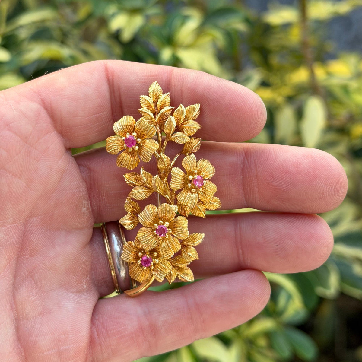 Tiffany & Company Ruby 18 Karat Yellow Gold Vintage Flower Brooch Circa 1970's