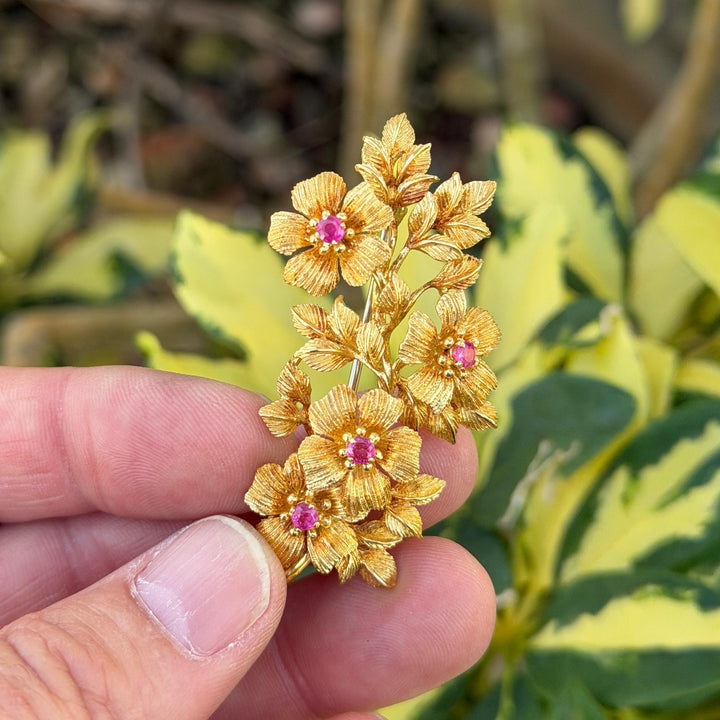 Tiffany & Company Ruby 18 Karat Yellow Gold Vintage Flower Brooch Circa 1970's