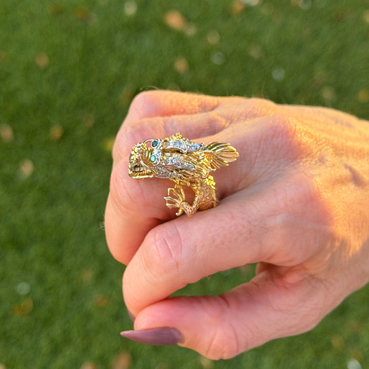 Vintage Dragon Ring Diamond Emerald 14 Karat Two Tone Gold Statement Ring