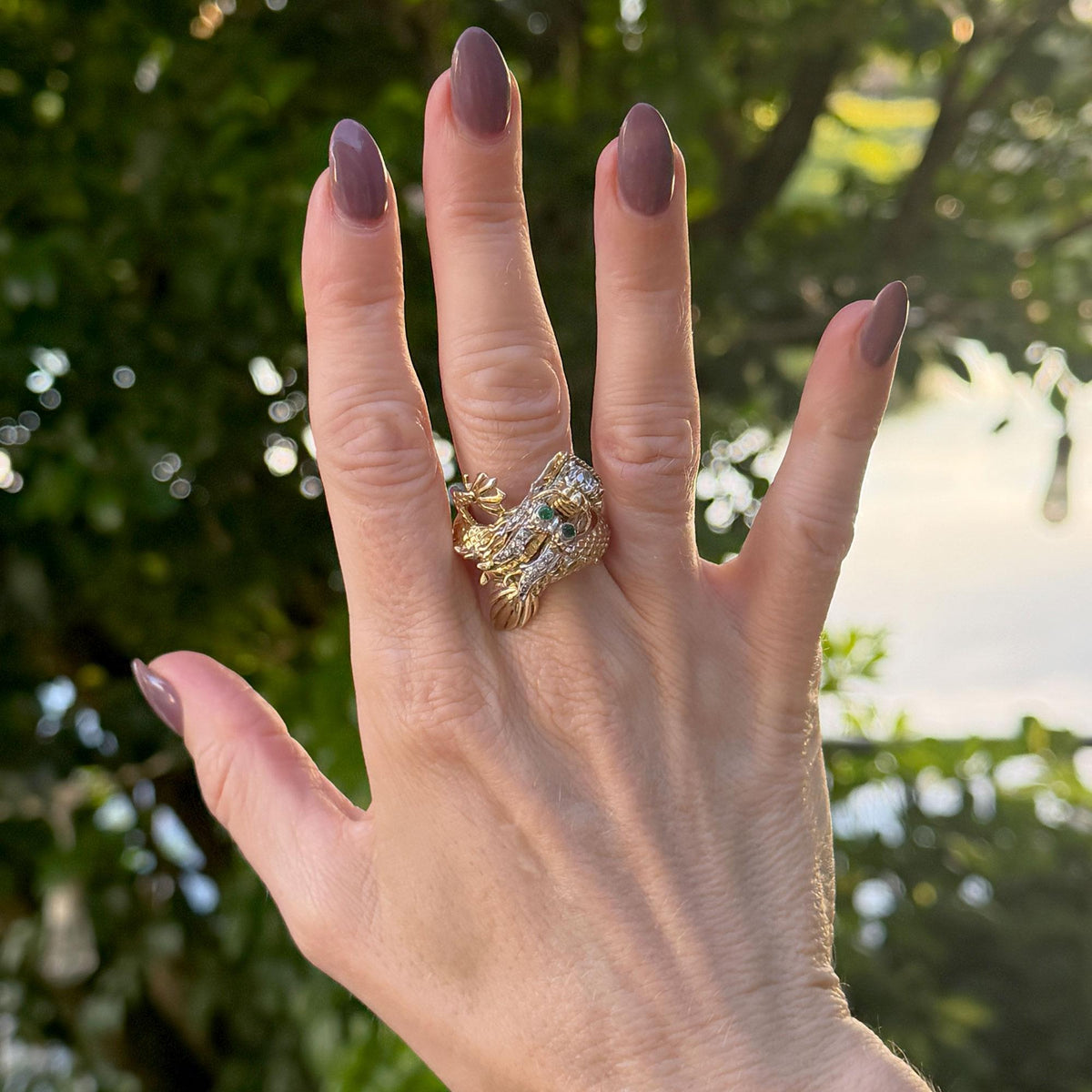 Vintage Dragon Ring Diamond Emerald 14 Karat Two Tone Gold Statement Ring