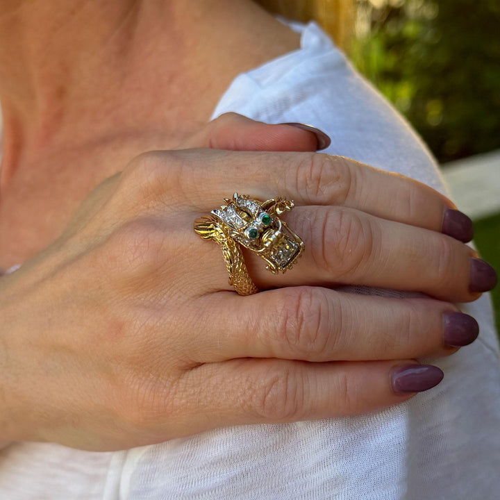 Vintage Dragon Ring Diamond Emerald 14 Karat Two Tone Gold Statement Ring