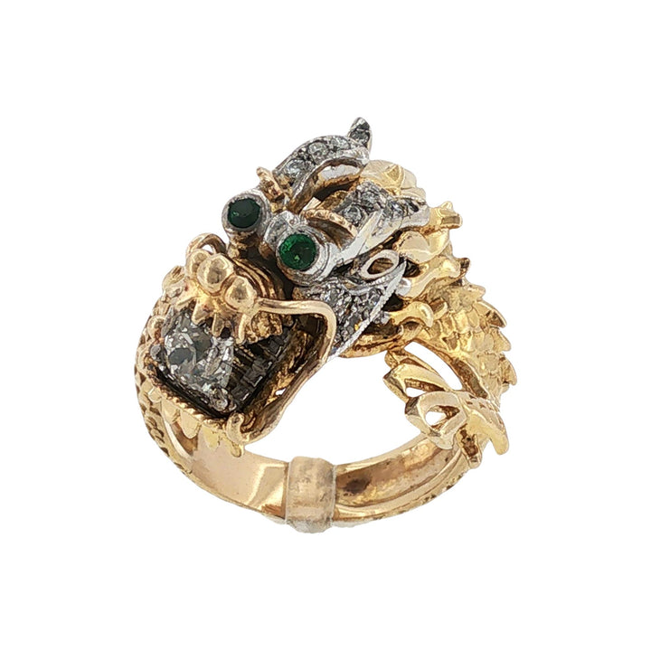 Vintage Dragon Ring Diamond Emerald 14 Karat Two Tone Gold Statement Ring