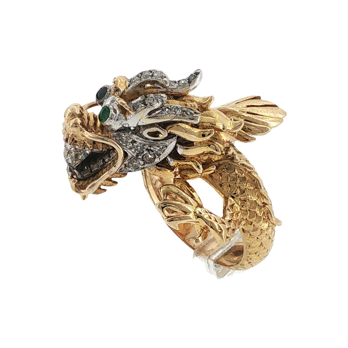 Vintage Dragon Ring Diamond Emerald 14 Karat Two Tone Gold Statement Ring