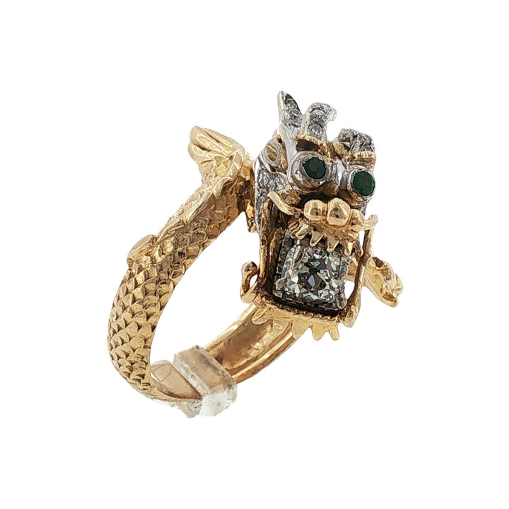 Vintage Dragon Ring Diamond Emerald 14 Karat Two Tone Gold Statement Ring