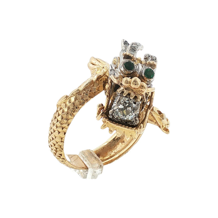 Vintage Dragon Ring Diamond Emerald 14 Karat Two Tone Gold Statement Ring