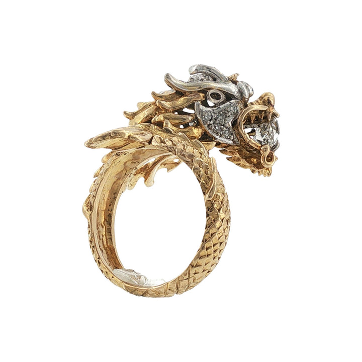 Vintage Dragon Ring Diamond Emerald 14 Karat Two Tone Gold Statement Ring