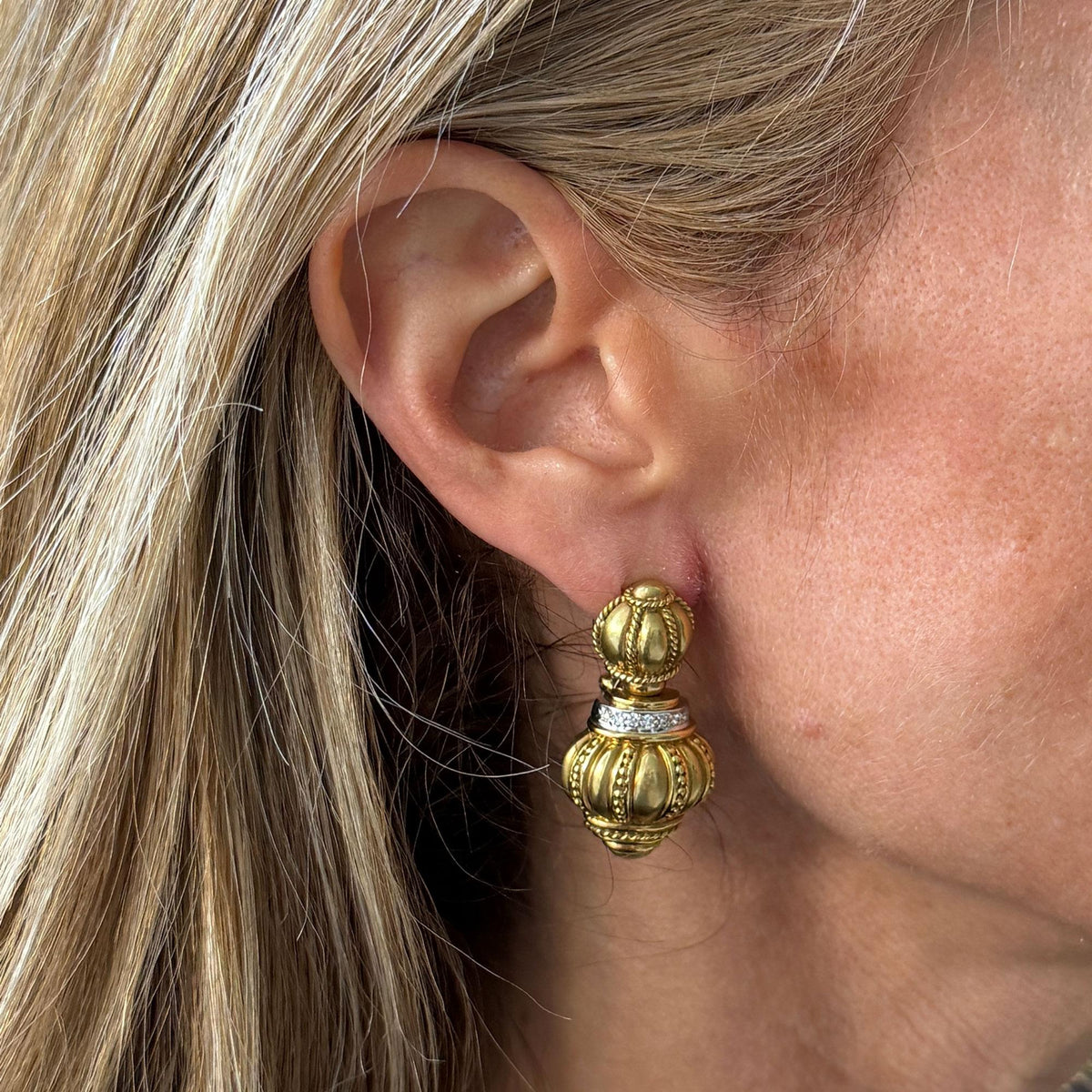Etruscan Style Diamond 18 Karat Yellow Gold Drop Earrings Retractable Posts