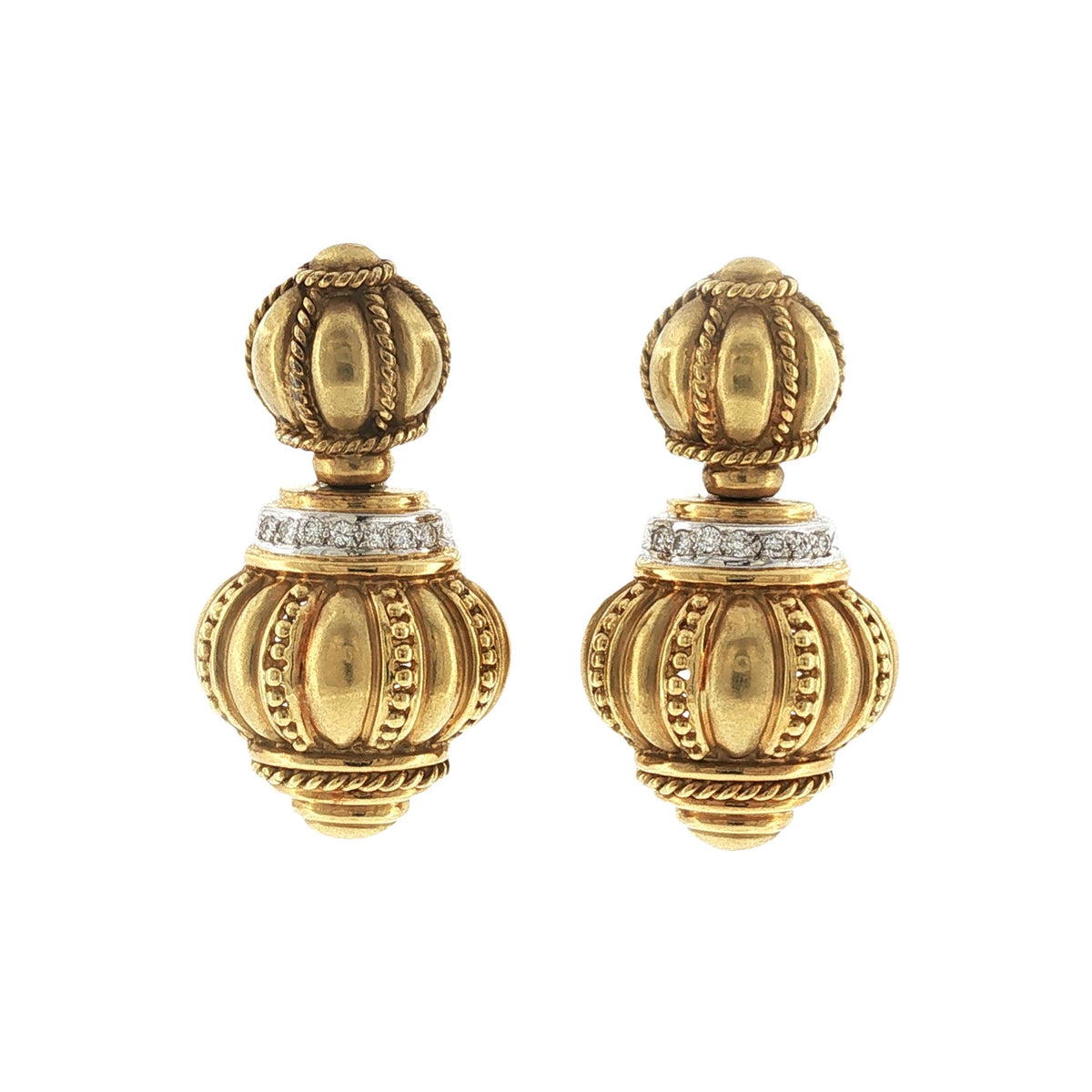 Etruscan Style Diamond 18 Karat Yellow Gold Drop Earrings Retractable Posts