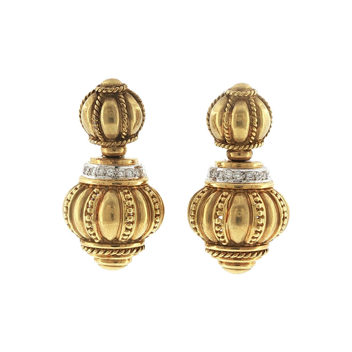 Etruscan Style Diamond 18 Karat Yellow Gold Drop Earrings Retractable Posts