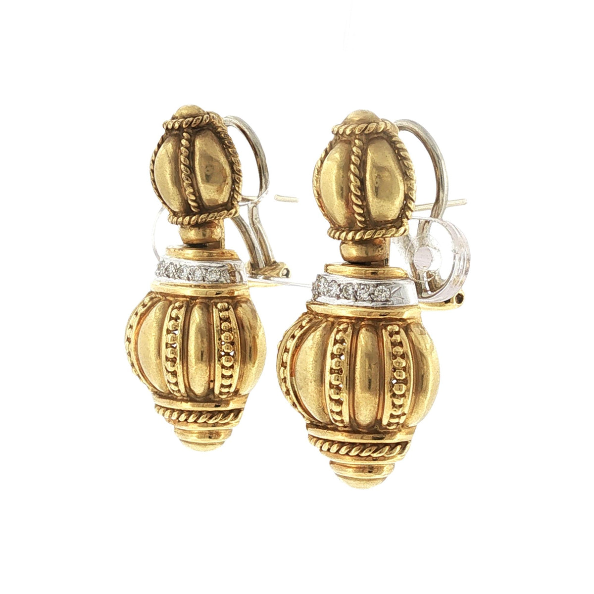 Etruscan Style Diamond 18 Karat Yellow Gold Drop Earrings Retractable Posts
