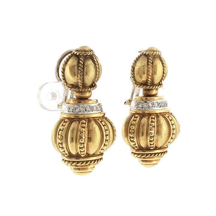 Etruscan Style Diamond 18 Karat Yellow Gold Drop Earrings Retractable Posts