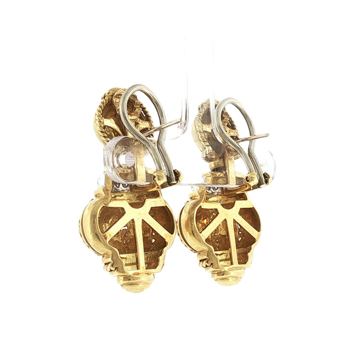 Etruscan Style Diamond 18 Karat Yellow Gold Drop Earrings Retractable Posts