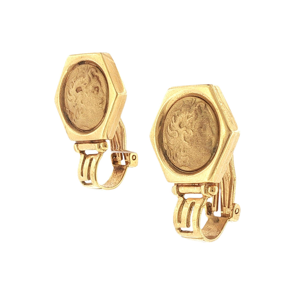 Grecian Facial Profile 18 Karat Yellow Gold Hexagonal Leverback Vintage Earrings