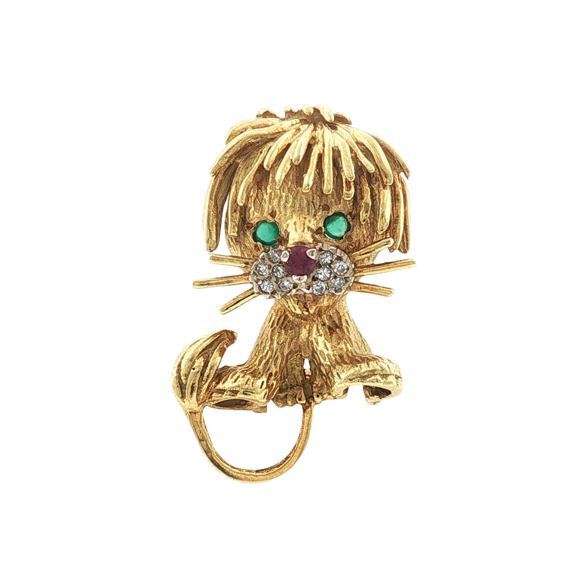 Vintage Honora Lion Cub 18 Karat Yellow Gold Brooch Pin Emerald Ruby Accents
