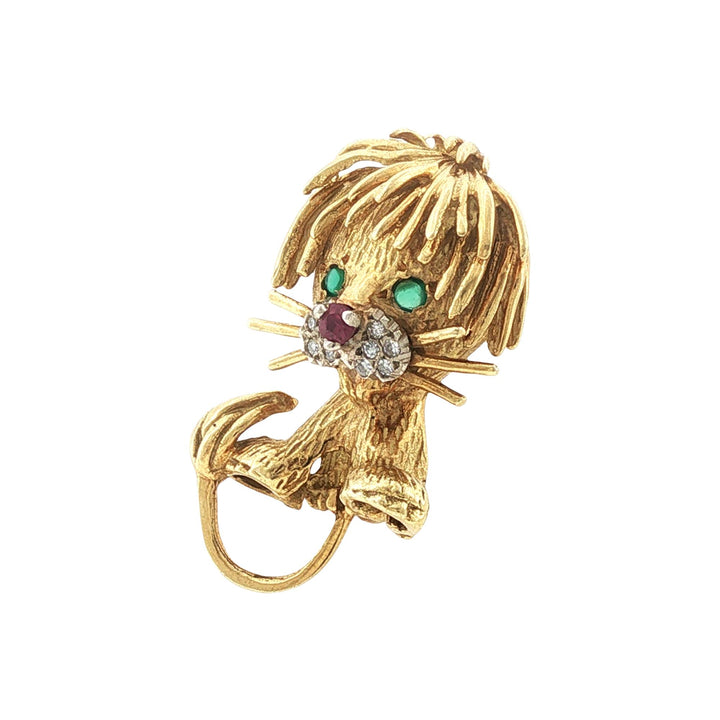 Vintage Honora Lion Cub 18 Karat Yellow Gold Brooch Pin Emerald Ruby Accents