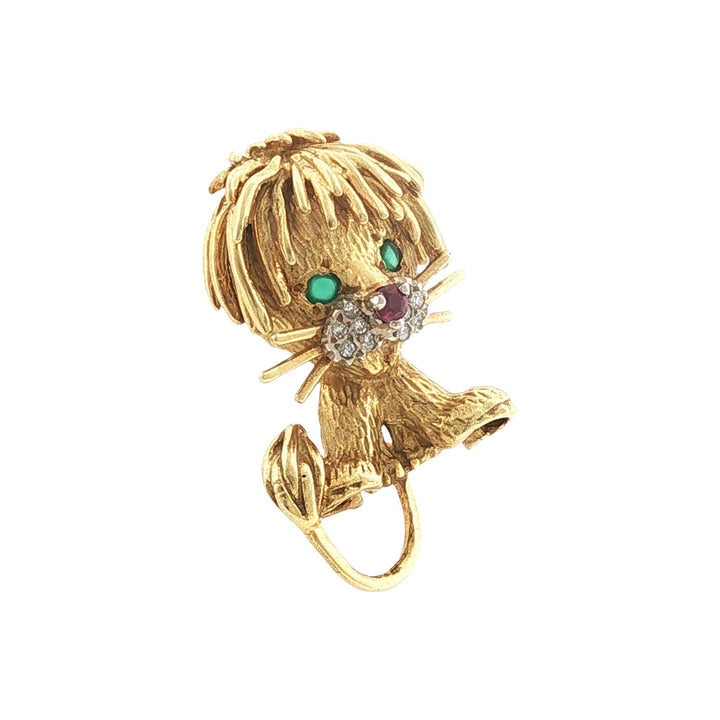 Vintage Honora Lion Cub 18 Karat Yellow Gold Brooch Pin Emerald Ruby Accents