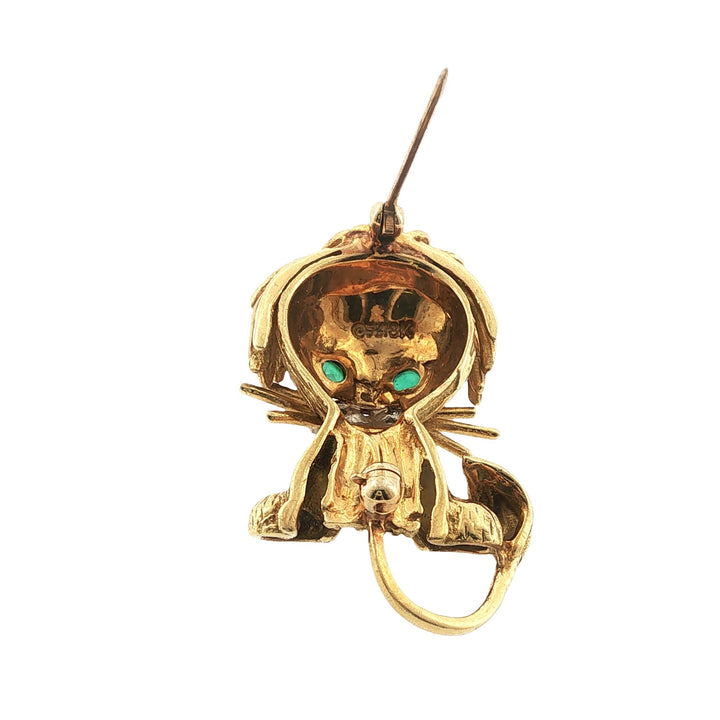 Vintage Honora Lion Cub 18 Karat Yellow Gold Brooch Pin Emerald Ruby Accents