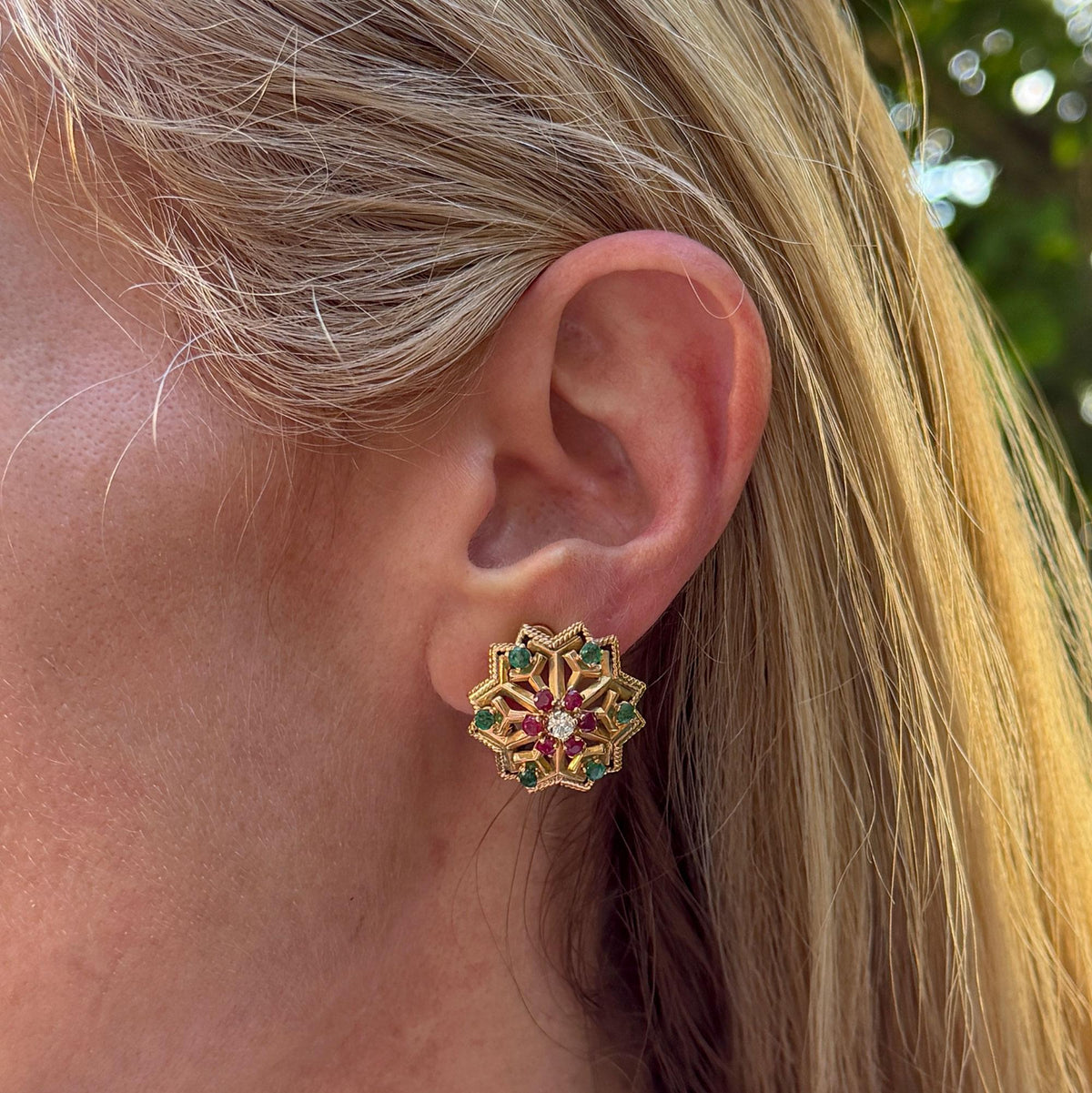 French Diamond Ruby Emerald 18K Yellow Gold Starburst Earclip Earrings 1950s