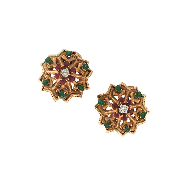 French Diamond Ruby Emerald 18K Yellow Gold Starburst Earclip Earrings 1950s