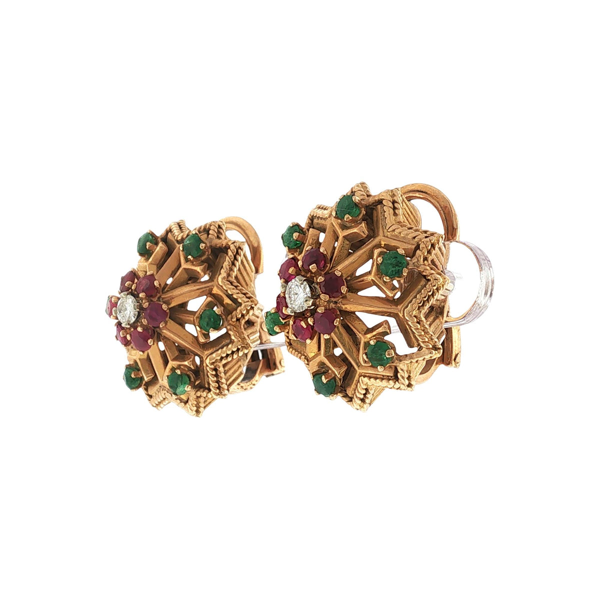 French Diamond Ruby Emerald 18K Yellow Gold Starburst Earclip Earrings 1950s
