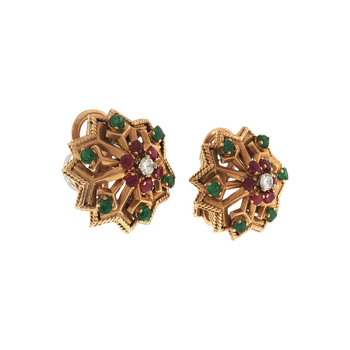 French Diamond Ruby Emerald 18K Yellow Gold Starburst Earclip Earrings 1950s
