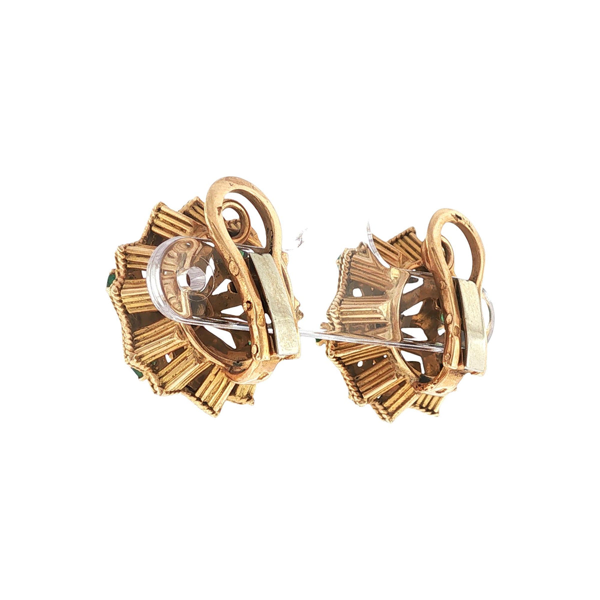 French Diamond Ruby Emerald 18K Yellow Gold Starburst Earclip Earrings 1950s