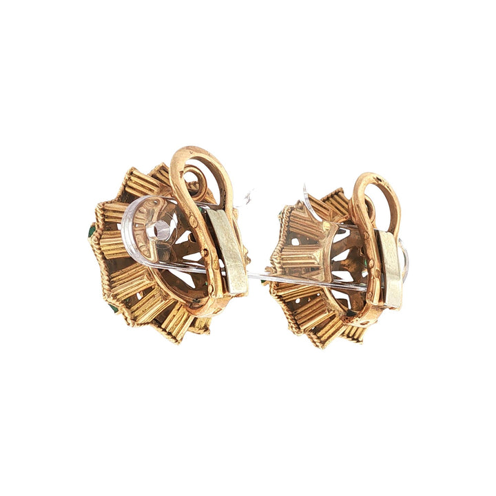 French Diamond Ruby Emerald 18K Yellow Gold Starburst Earclip Earrings 1950s