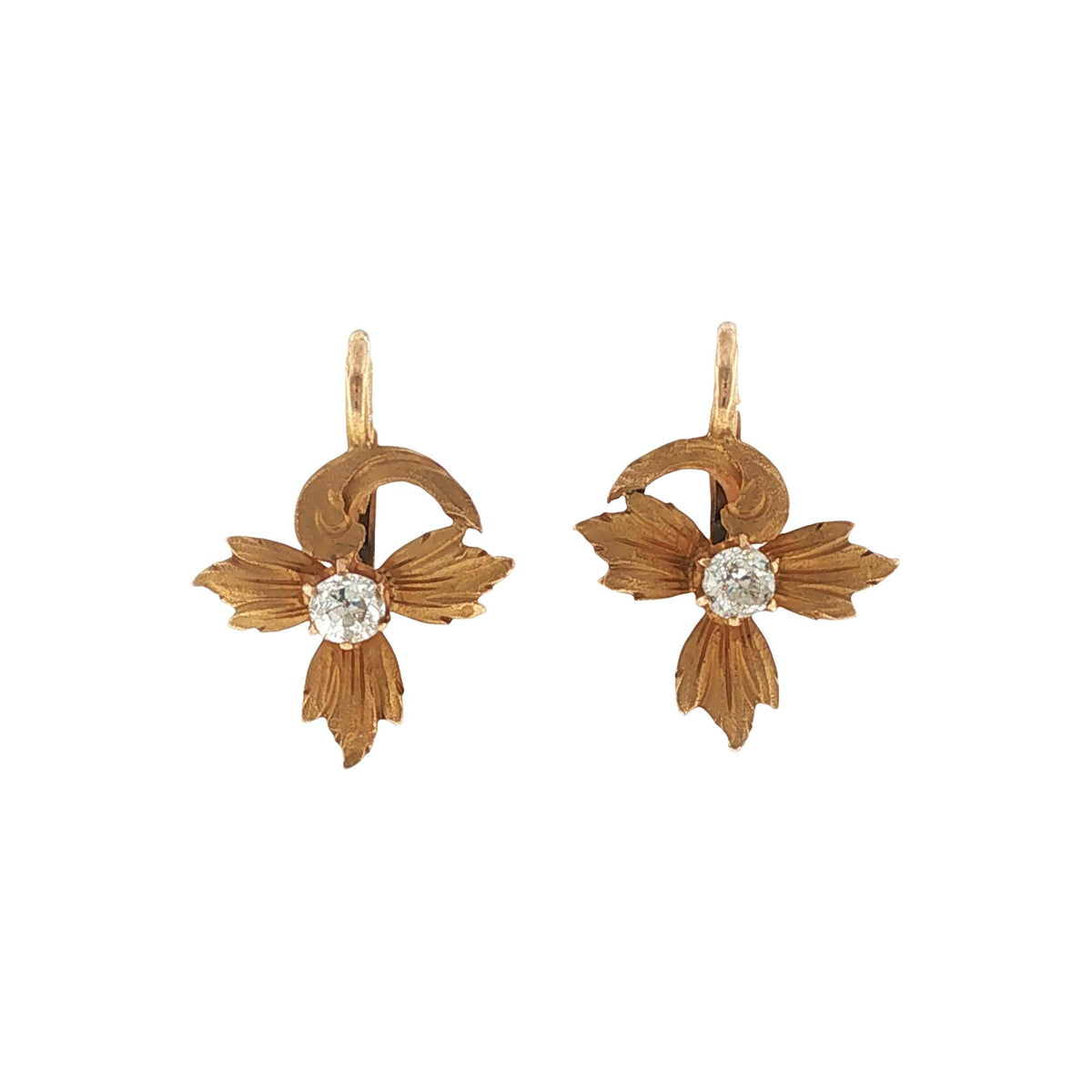Antique Old European-Cut Diamond Floral 18 Karat Yellow Gold Drop Earrings
