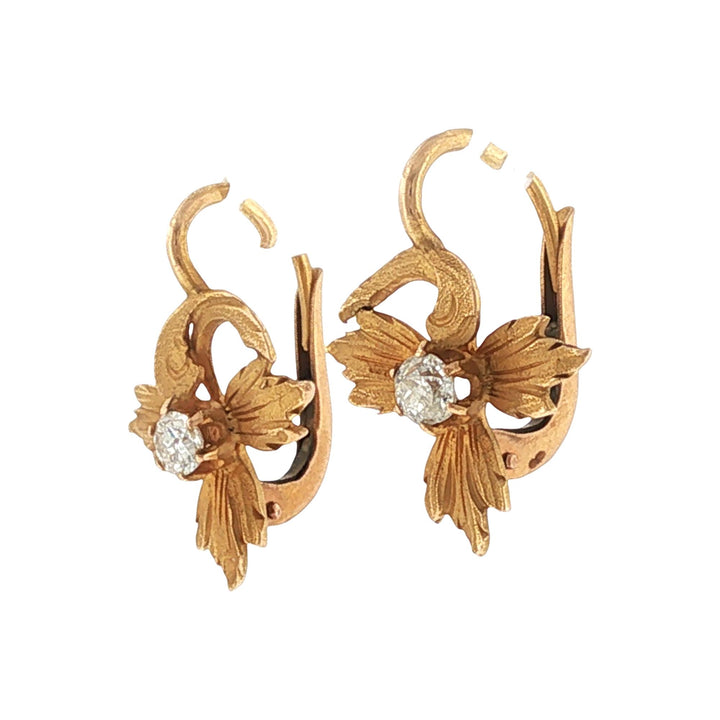Antique Old European-Cut Diamond Floral 18 Karat Yellow Gold Drop Earrings
