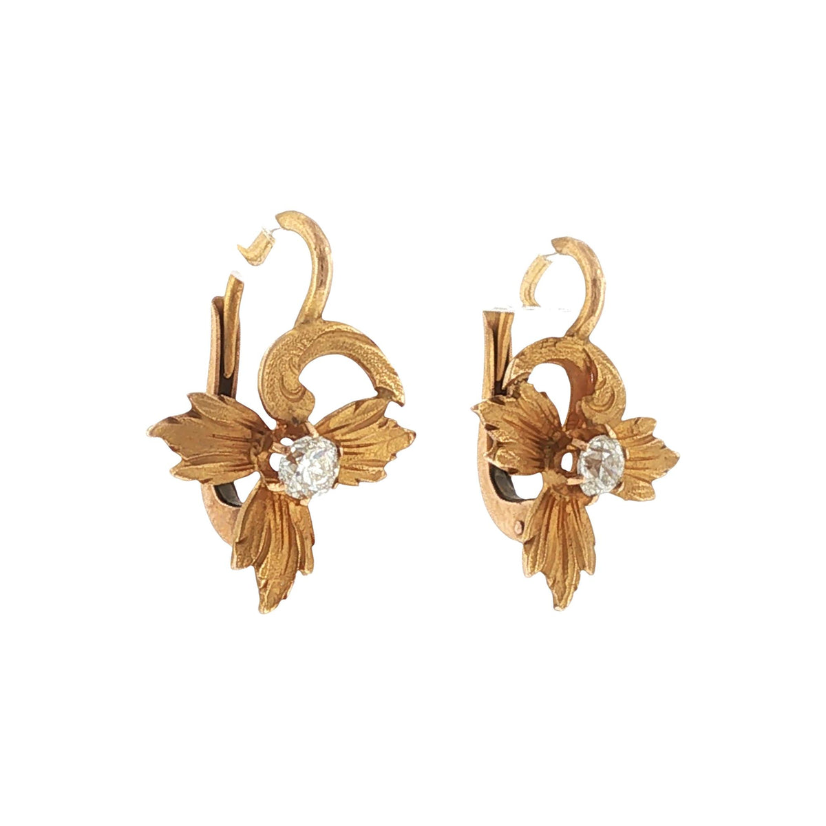 Antique Old European-Cut Diamond Floral 18 Karat Yellow Gold Drop Earrings