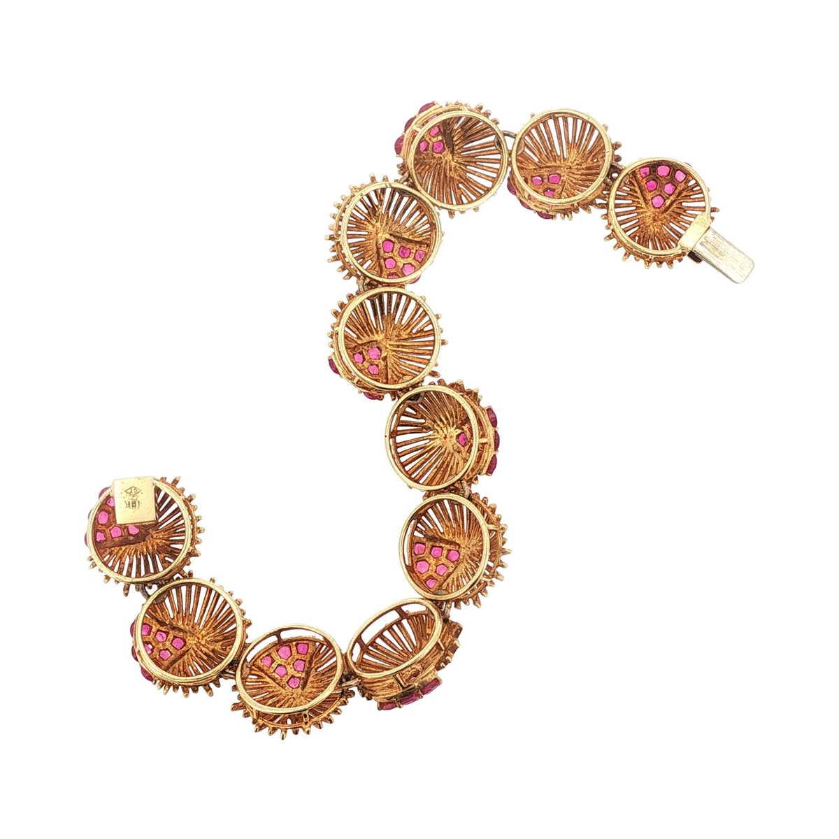 7.0 CTW Natural Ruby 18 Karat Yellow Gold Vintage Round Link Bracelet