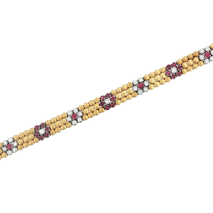 Italian Ruby Diamond 18 Karat Two Tone Gold Floral Design Link Bracelet Corletto