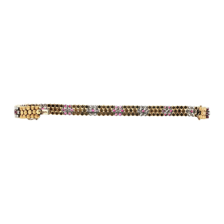 Italian Ruby Diamond 18 Karat Two Tone Gold Floral Design Link Bracelet Corletto