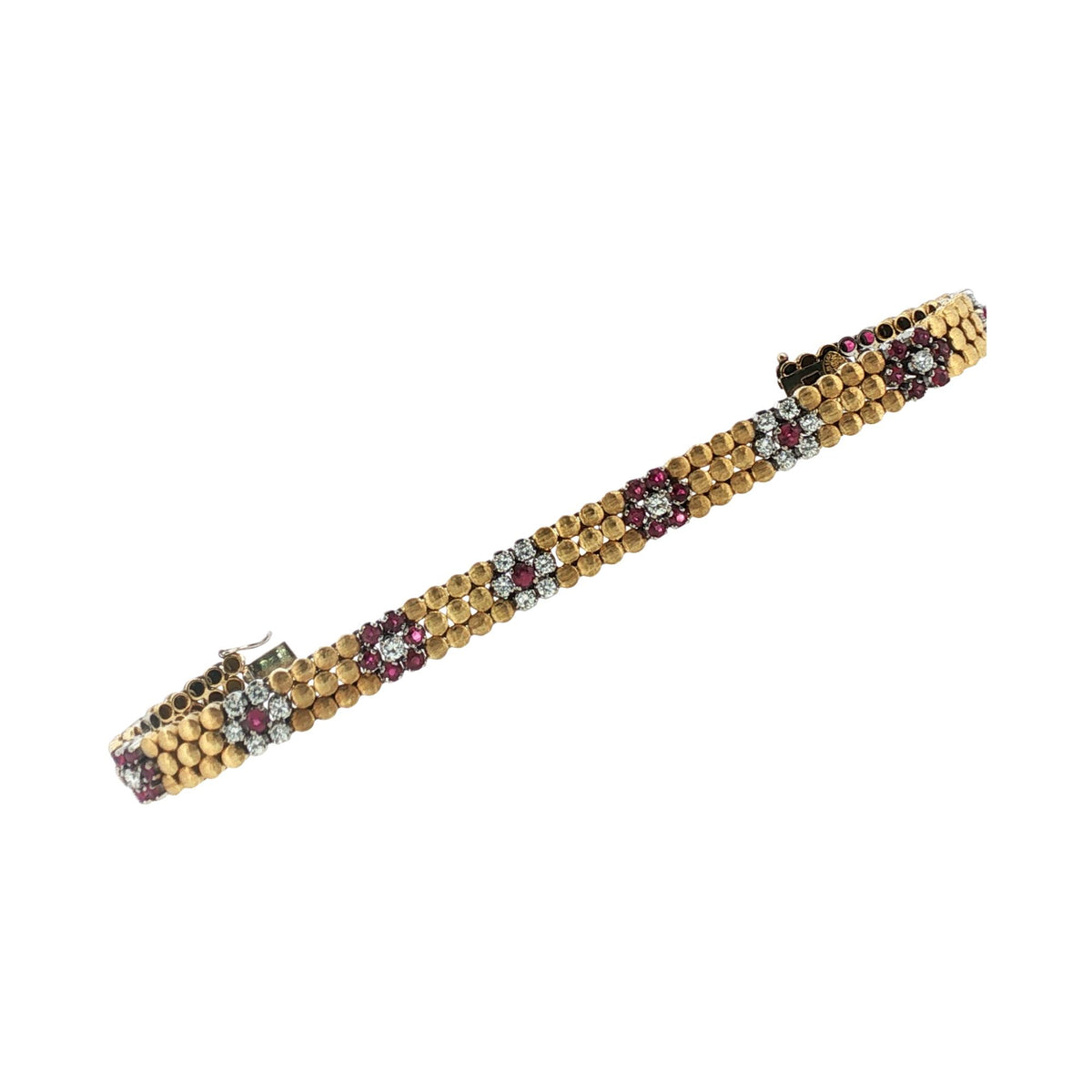 Italian Ruby Diamond 18 Karat Two Tone Gold Floral Design Link Bracelet Corletto