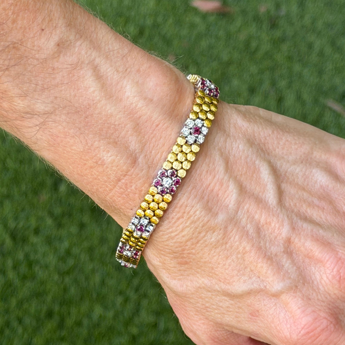 Italian Ruby Diamond 18 Karat Two Tone Gold Floral Design Link Bracelet Corletto