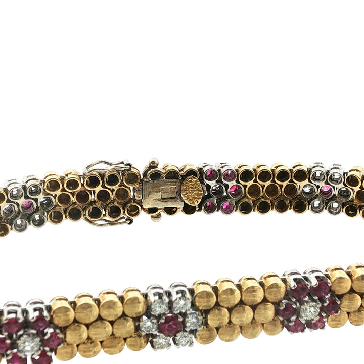 Italian Ruby Diamond 18 Karat Two Tone Gold Floral Design Link Bracelet Corletto