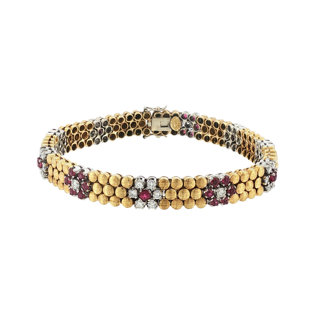 Italian Ruby Diamond 18 Karat Two Tone Gold Floral Design Link Bracelet Corletto