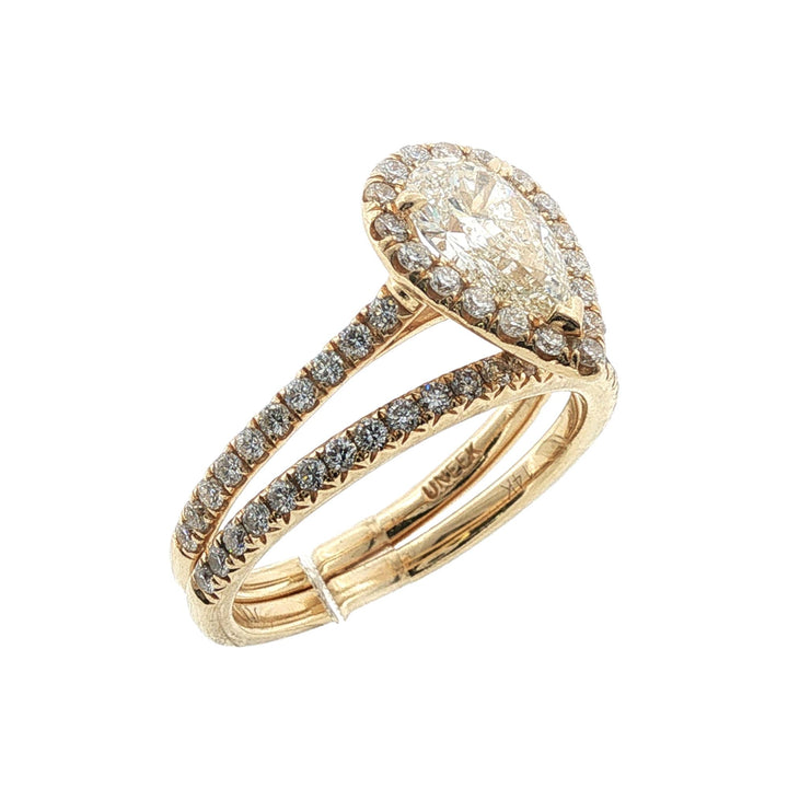 1 Carat Pear-Cut Diamond Yellow Gold Halo Bridal Set Engagement Ring