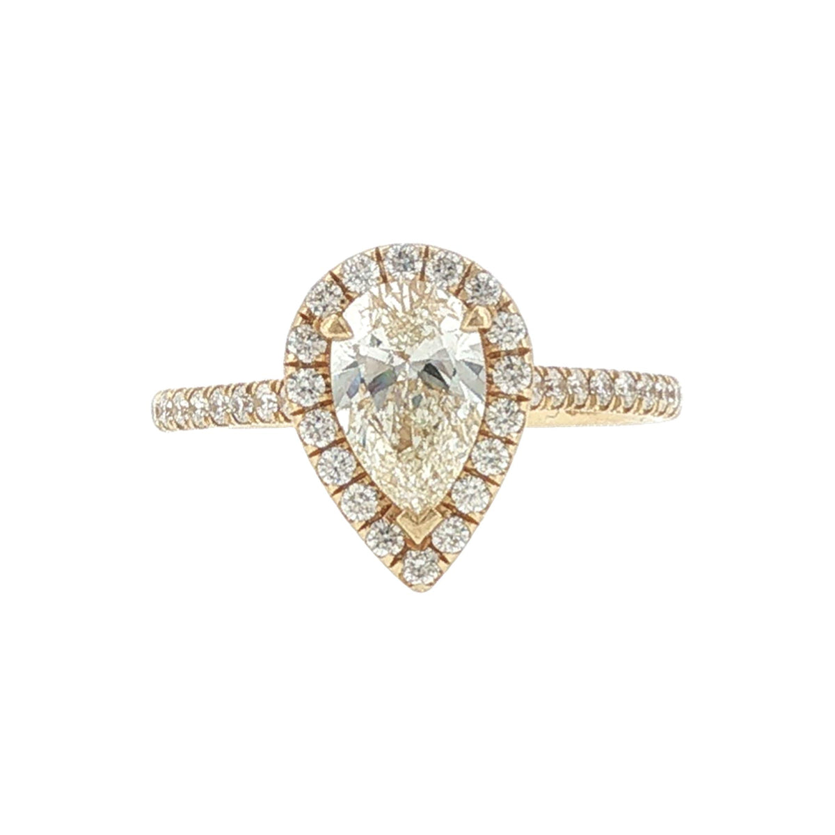 1 Carat Pear-Cut Diamond Yellow Gold Halo Bridal Set Engagement Ring