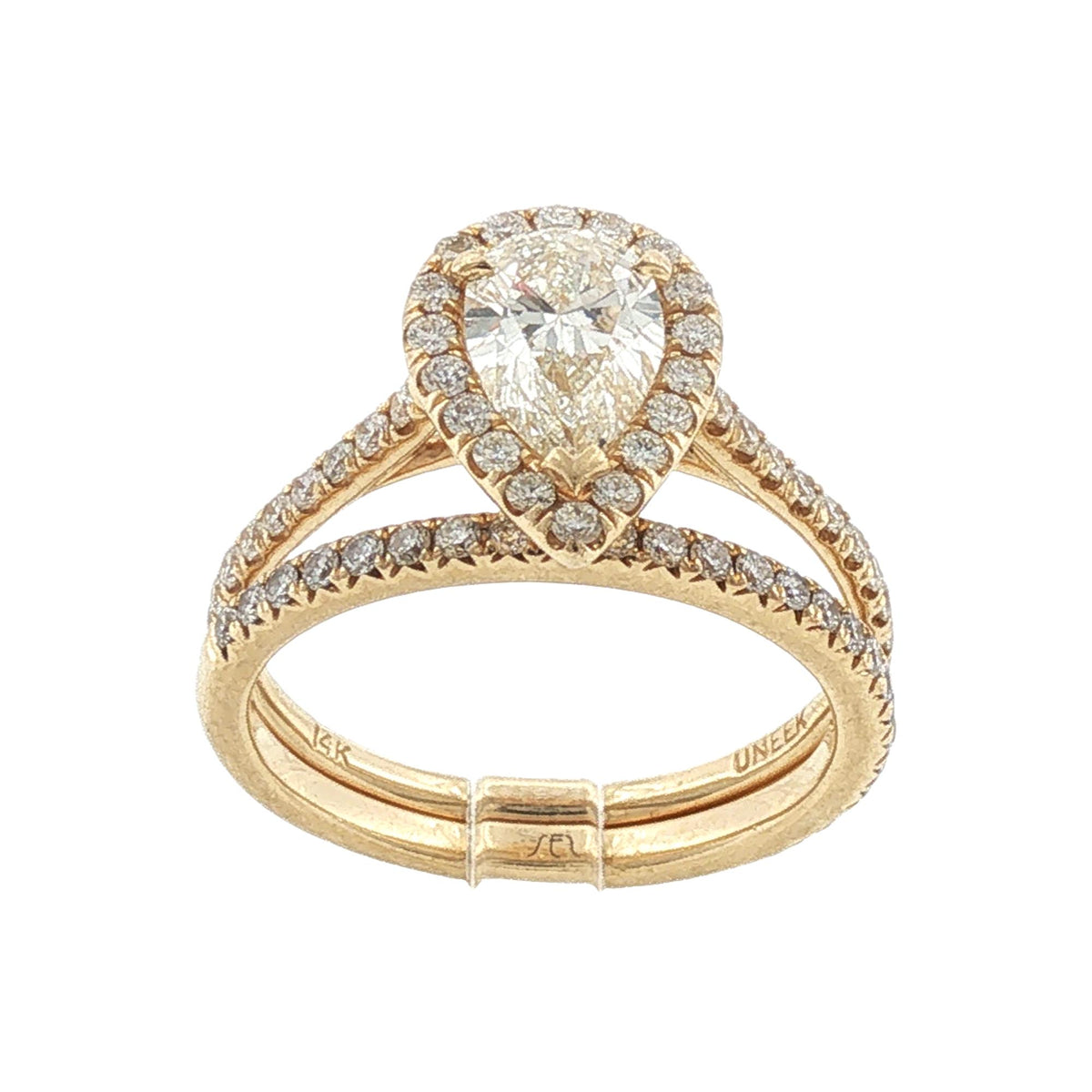 1 Carat Pear-Cut Diamond Yellow Gold Halo Bridal Set Engagement Ring
