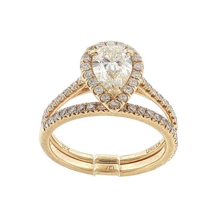 1 Carat Pear-Cut Diamond Yellow Gold Halo Bridal Set Engagement Ring