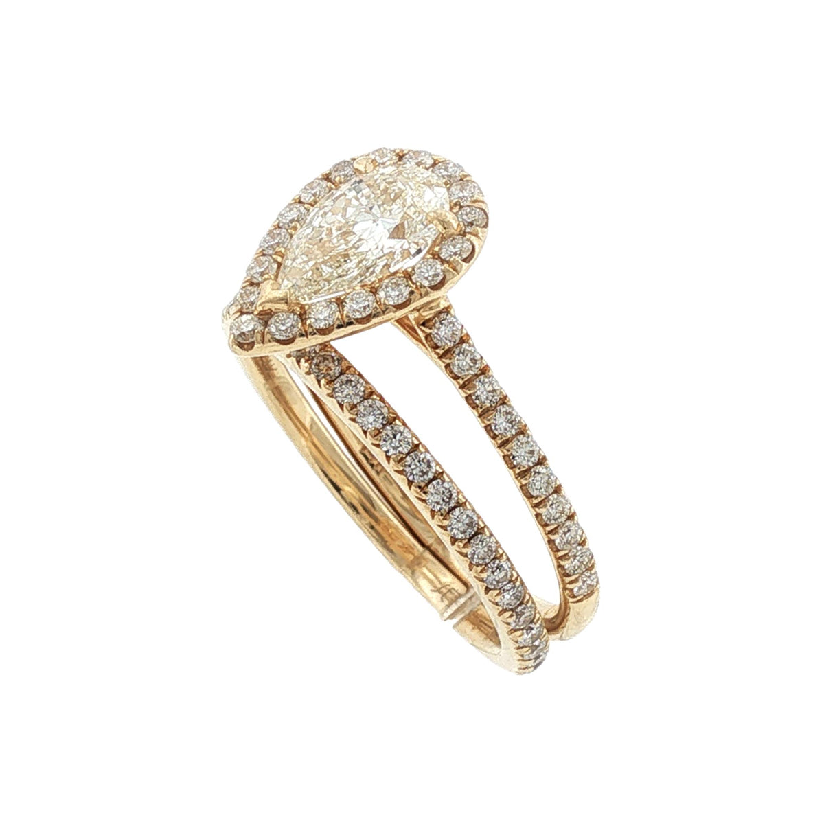 1 Carat Pear-Cut Diamond Yellow Gold Halo Bridal Set Engagement Ring