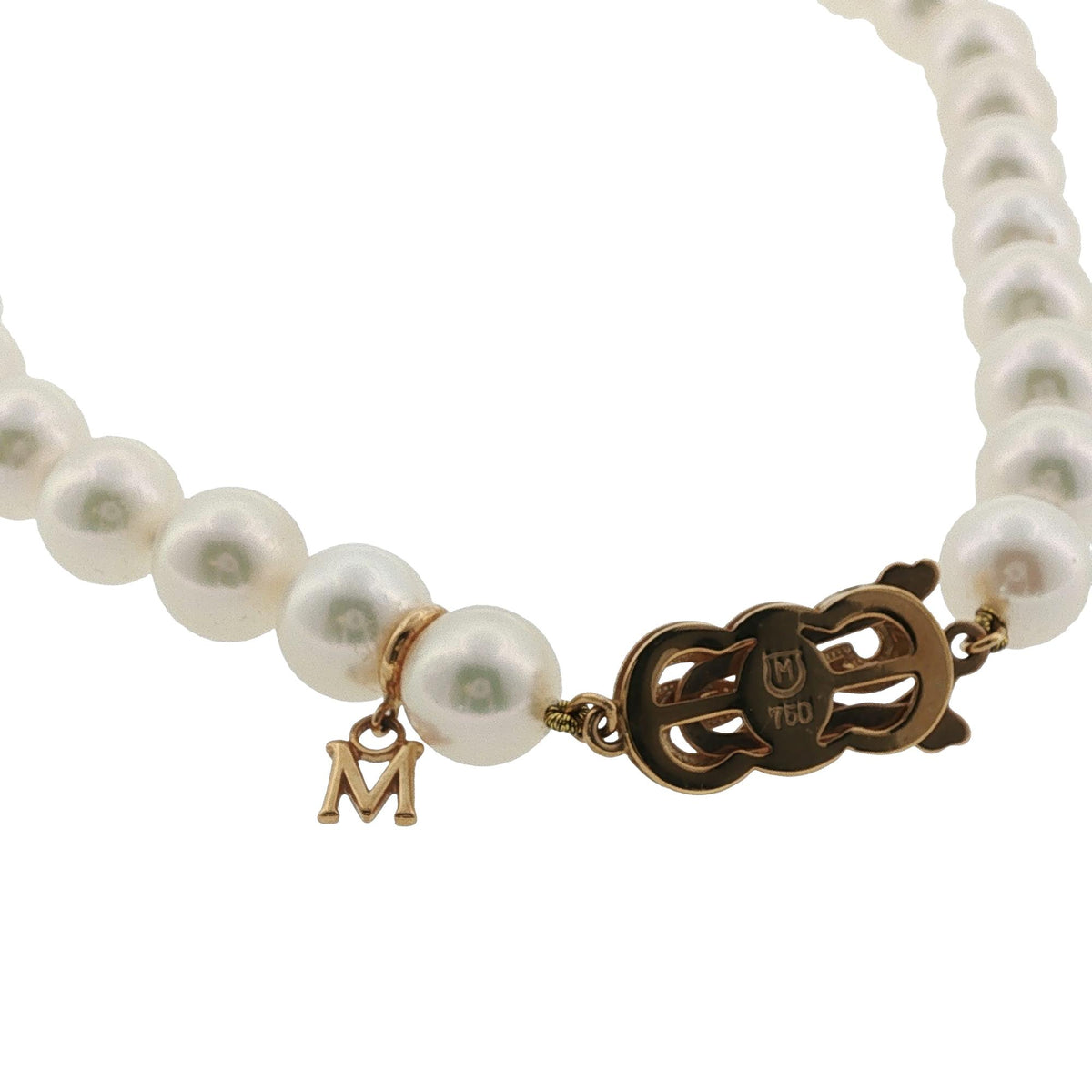Mikimoto 7.5-7.75mm 18 Inch Strand of Pearls 18 Karat Yellow Gold Clasp