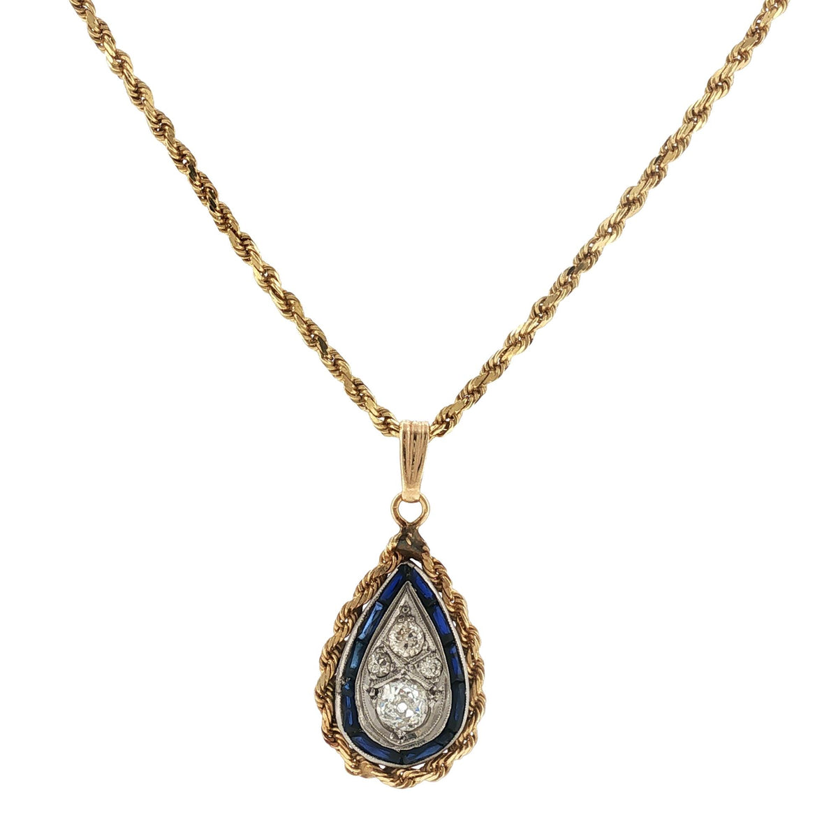 Diamond Sapphire Pear-Shape Drop Vintage Pendant 14KYG/Plat Rope Chain
