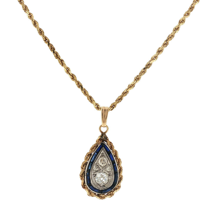 Diamond Sapphire Pear-Shape Drop Vintage Pendant 14KYG/Plat Rope Chain