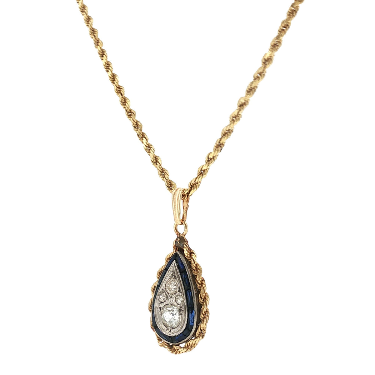 Diamond Sapphire Pear-Shape Drop Vintage Pendant 14KYG/Plat Rope Chain