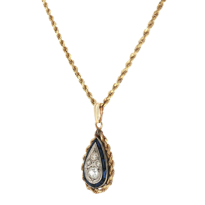 Diamond Sapphire Pear-Shape Drop Vintage Pendant 14KYG/Plat Rope Chain