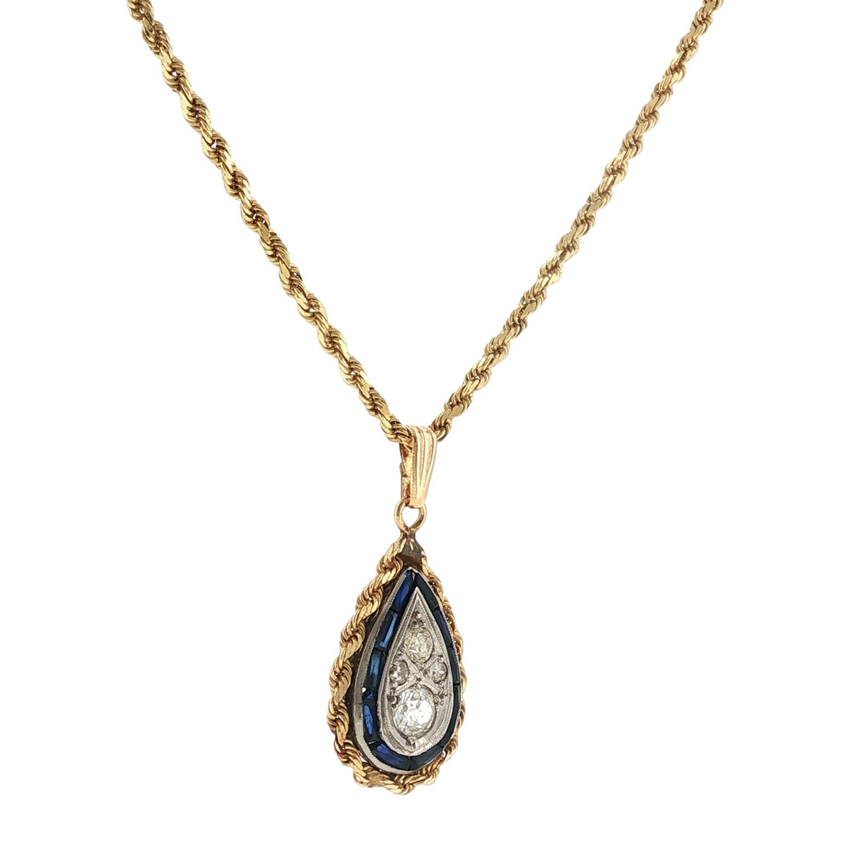 Diamond Sapphire Pear-Shape Drop Vintage Pendant 14KYG/Plat Rope Chain