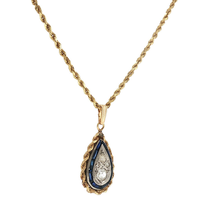 Diamond Sapphire Pear-Shape Drop Vintage Pendant 14KYG/Plat Rope Chain